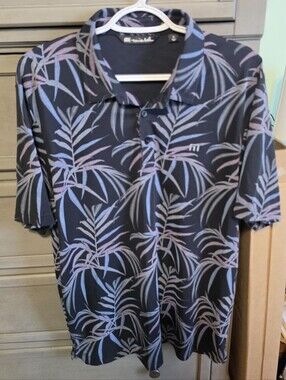 Travis Mathew Black Polo with Purple and Light Blue Palm Print
